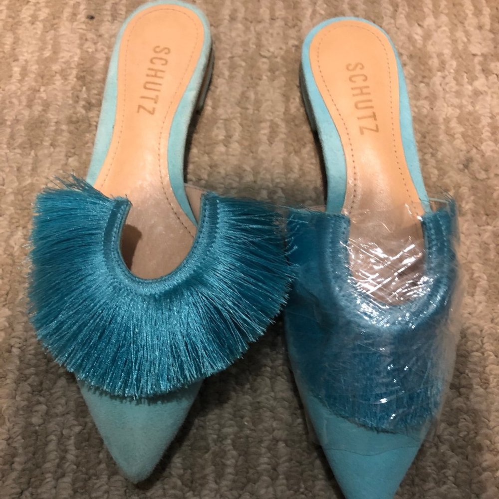 SCHUTZ-BERNIE SKY BLUE FRINGE DETAIL FLAT